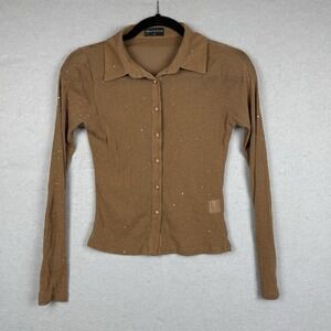 White Fox Womens Tan Sheer Sparkle Long Sleeve Button Up Y2K Top Sz M Whimsygoth